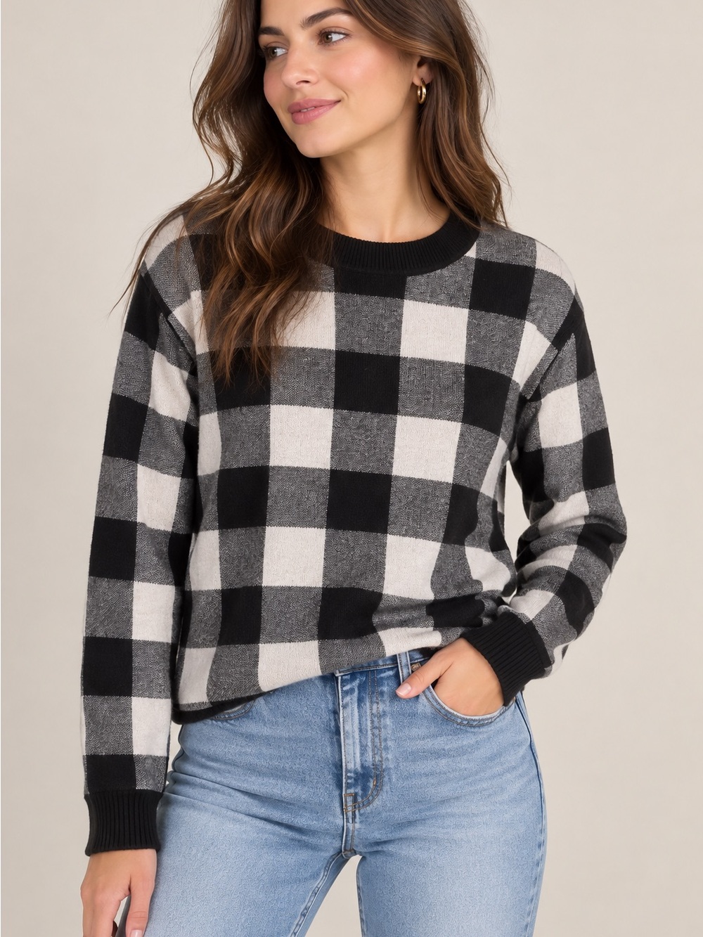 Tristan Black & Cream Buffalo Check Crewneck Sweater